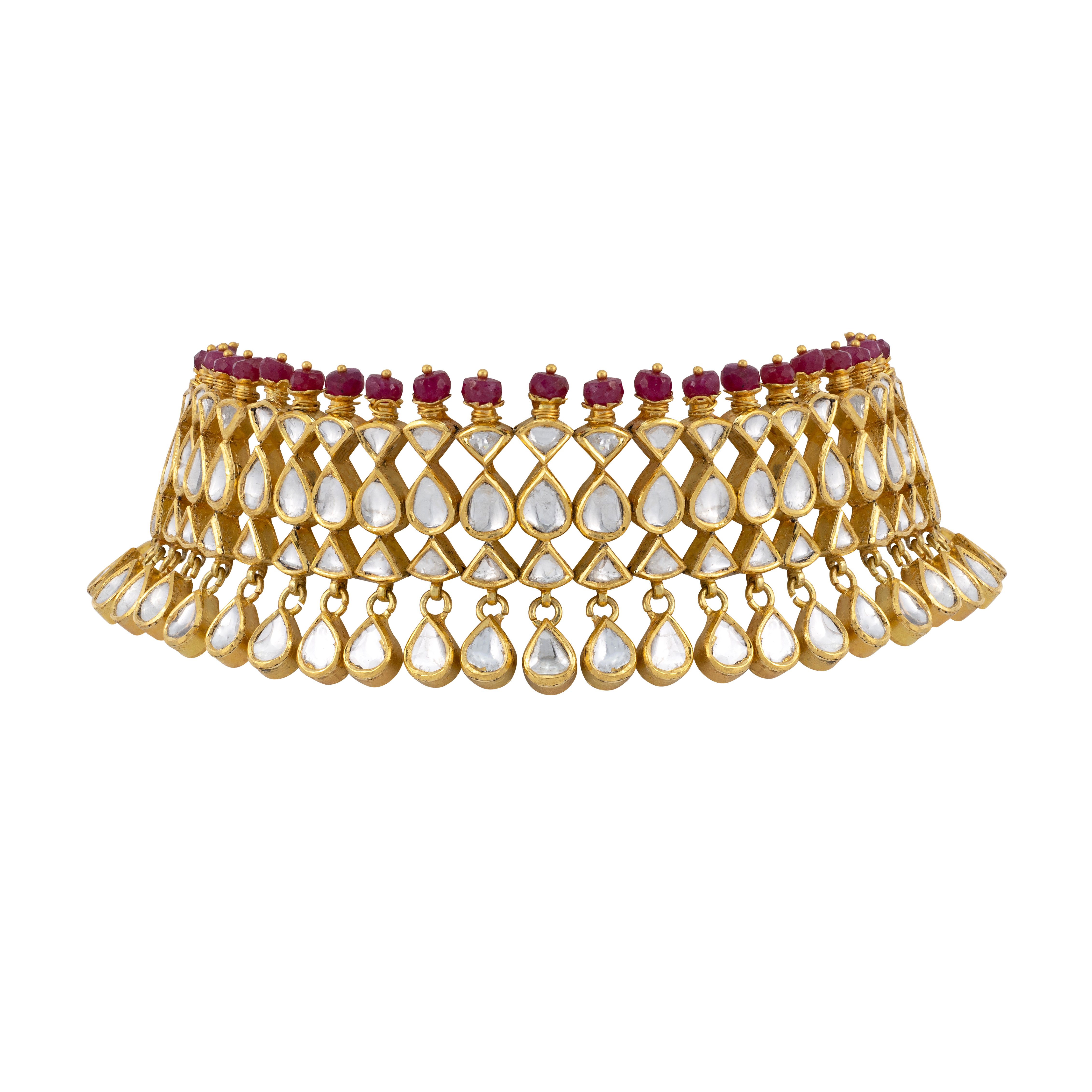 Polki Choker with Red Beaded Fungar and Teardrop Drops